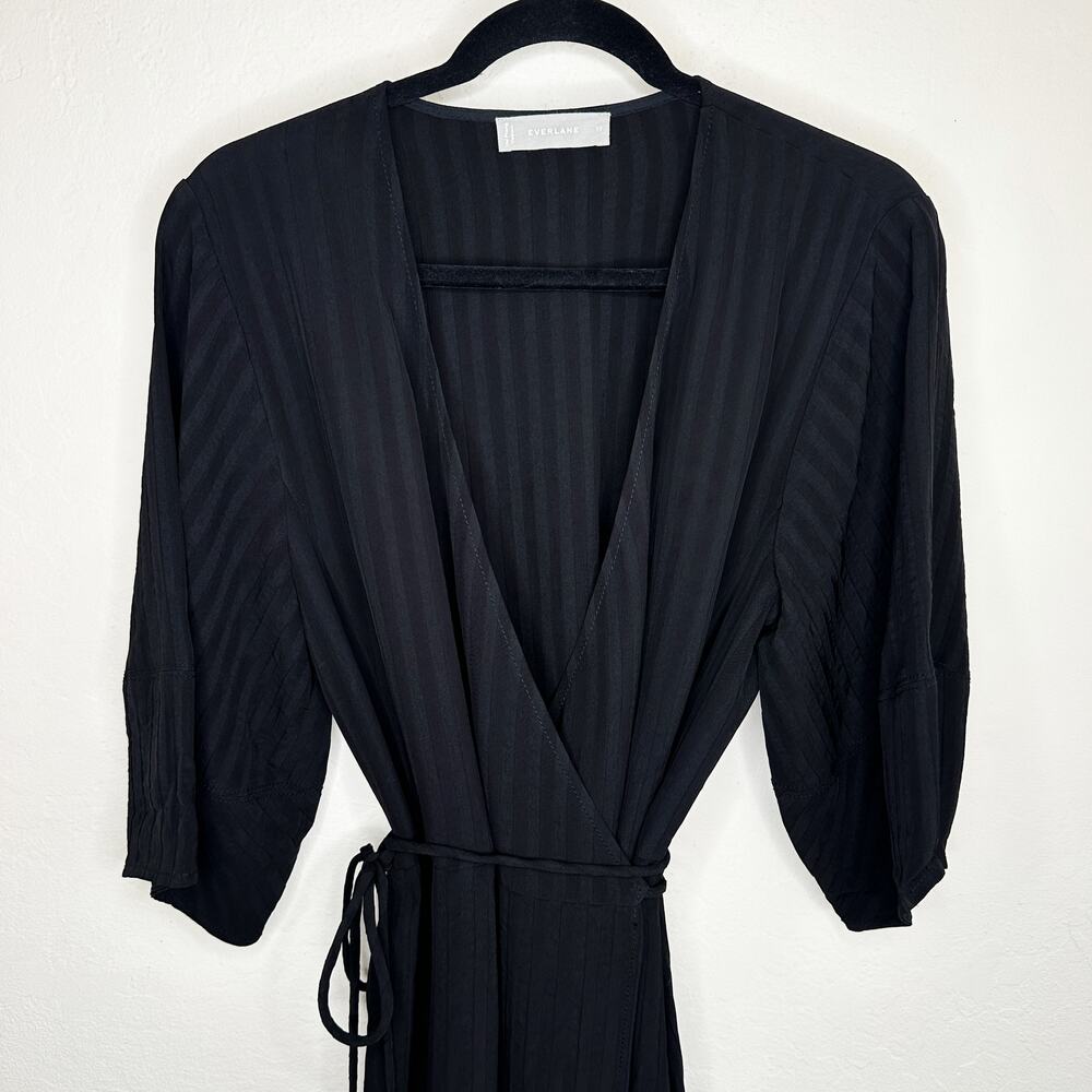 NWOT Everlane The City Stripe Puff Sleeve Black Ribbed Midi Wrap Dress 10 - Picture 3 of 15